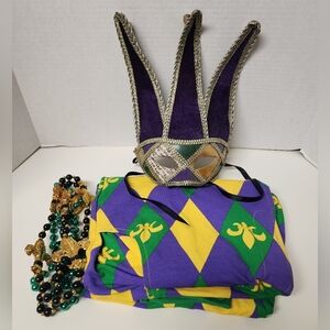 Unisex Mardi Gras Jester Bib Overalls Jumpsuit Costume With Mask & Beads Size XL